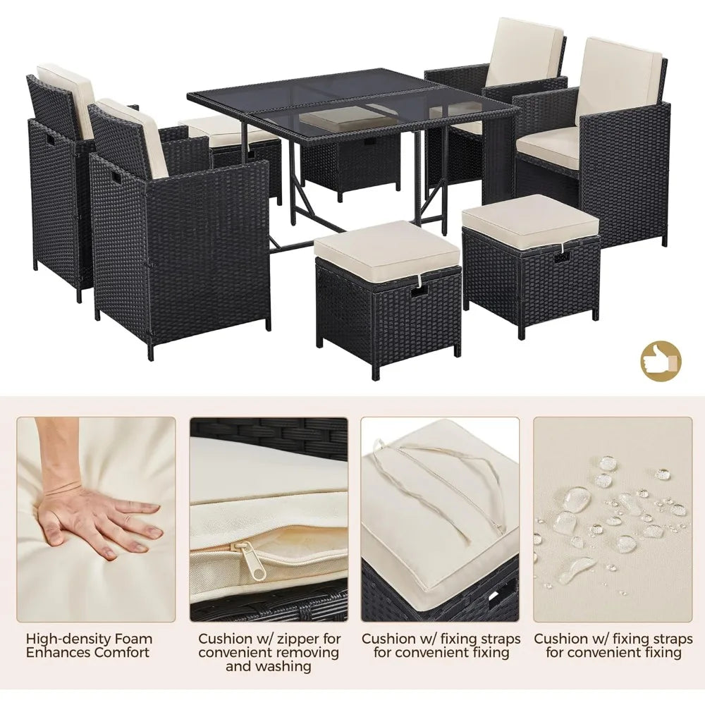 Outdoor Wicker Patio Dining Set With Glass Table And Ottomans