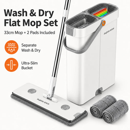 Joybos Ultra Slim Flat Mop And Bucket System With 2 Microfiber Pads 360 Swivel