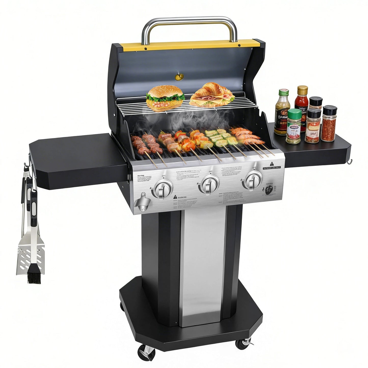 Propane 3 Burner Gas Grill With Warming Rack And Wheels