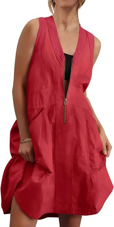 Fisoew Women Sleeveless V Neck Summer Dress Mesh Back Pockets