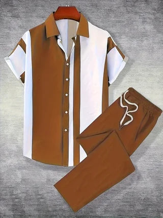 Men's Summer Printed Short Sleeve Shirt Pants Set Polyester Clothing