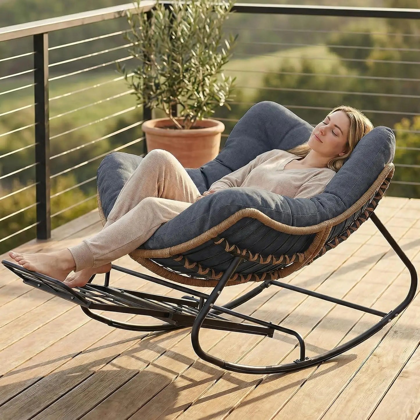 Rattan Rocking Chair With Footrest Cushioned Outdoor Patio Lounge
