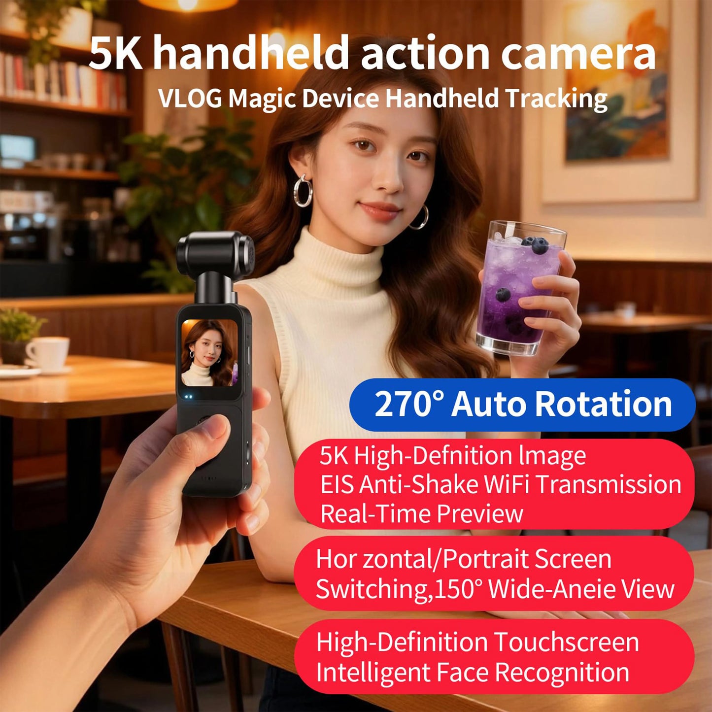 5K HD Handheld Action Camera With 270 Degree Rotating Lens Touchscreen