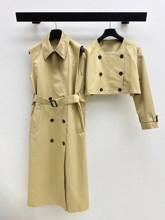 Women Sleeveless Lapel Double Breasted Waistband Dress Outerwear Set Winter