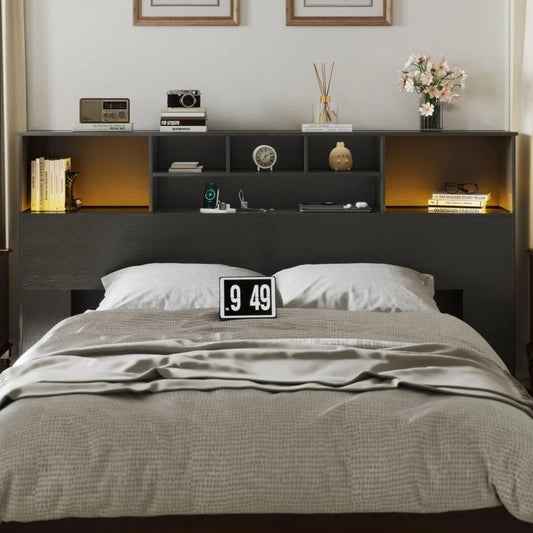 Wood Headboard With USB Ports, LED Lights, And Storage