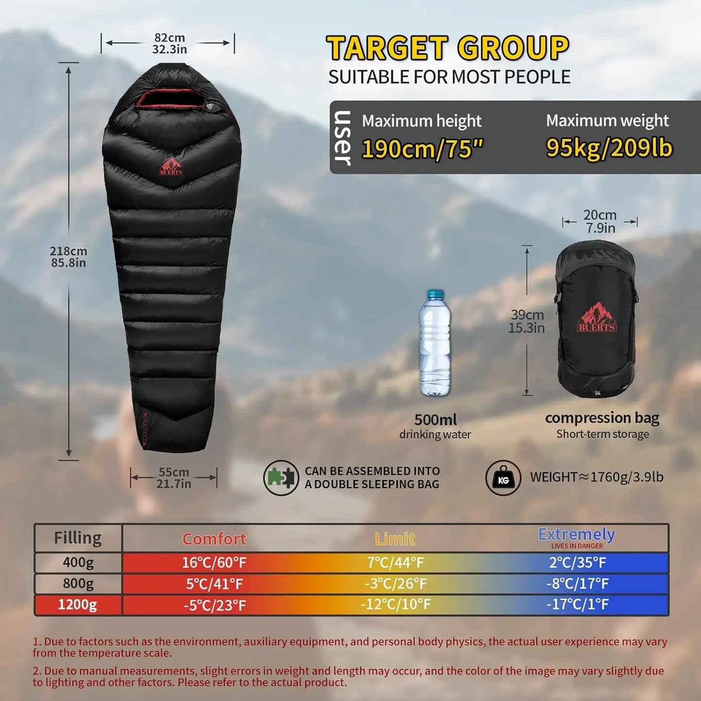 Ultralight Down Sleeping Bag With Compression Sack For Camping