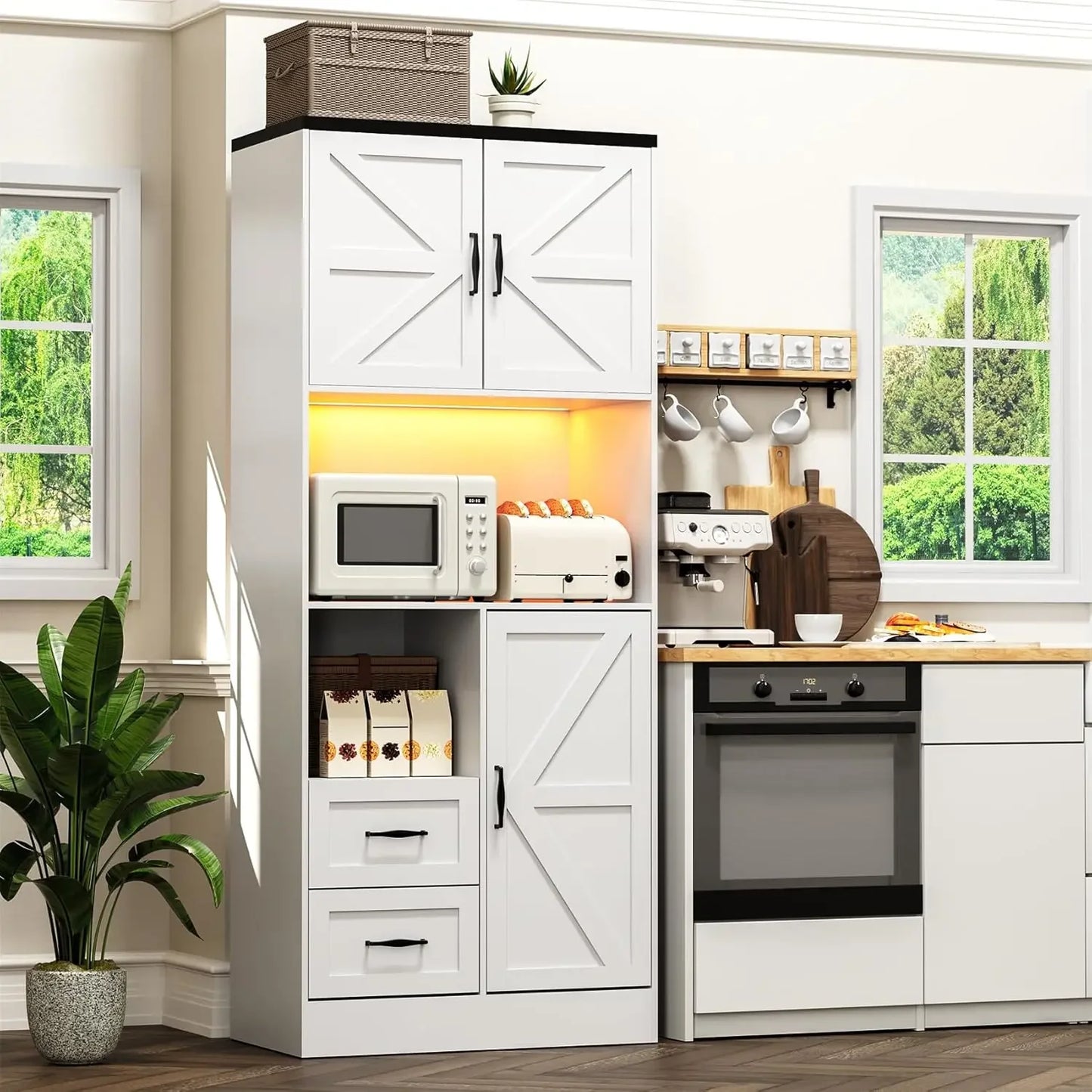 Kitchen Pantry Storage Cabinet With LED Lights And Power Strip