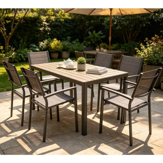 Patio Dining Set 7 Pieces Large Table And Textilene Chairs