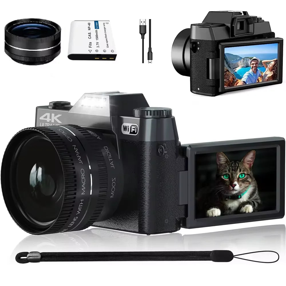 4K Digital Camera With 16X Zoom 64MP WiFi Auto Focus Flip Screen