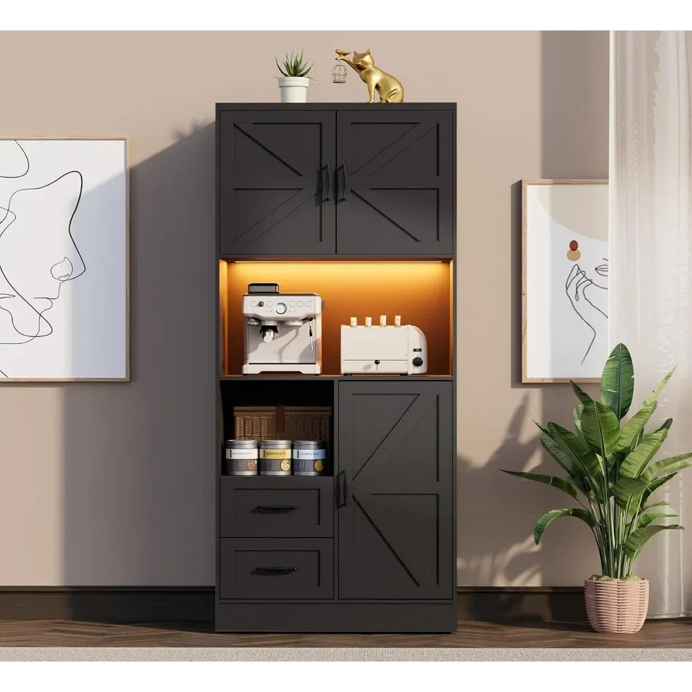 Kitchen Pantry Storage Cabinet With LED Lights And Power Strip