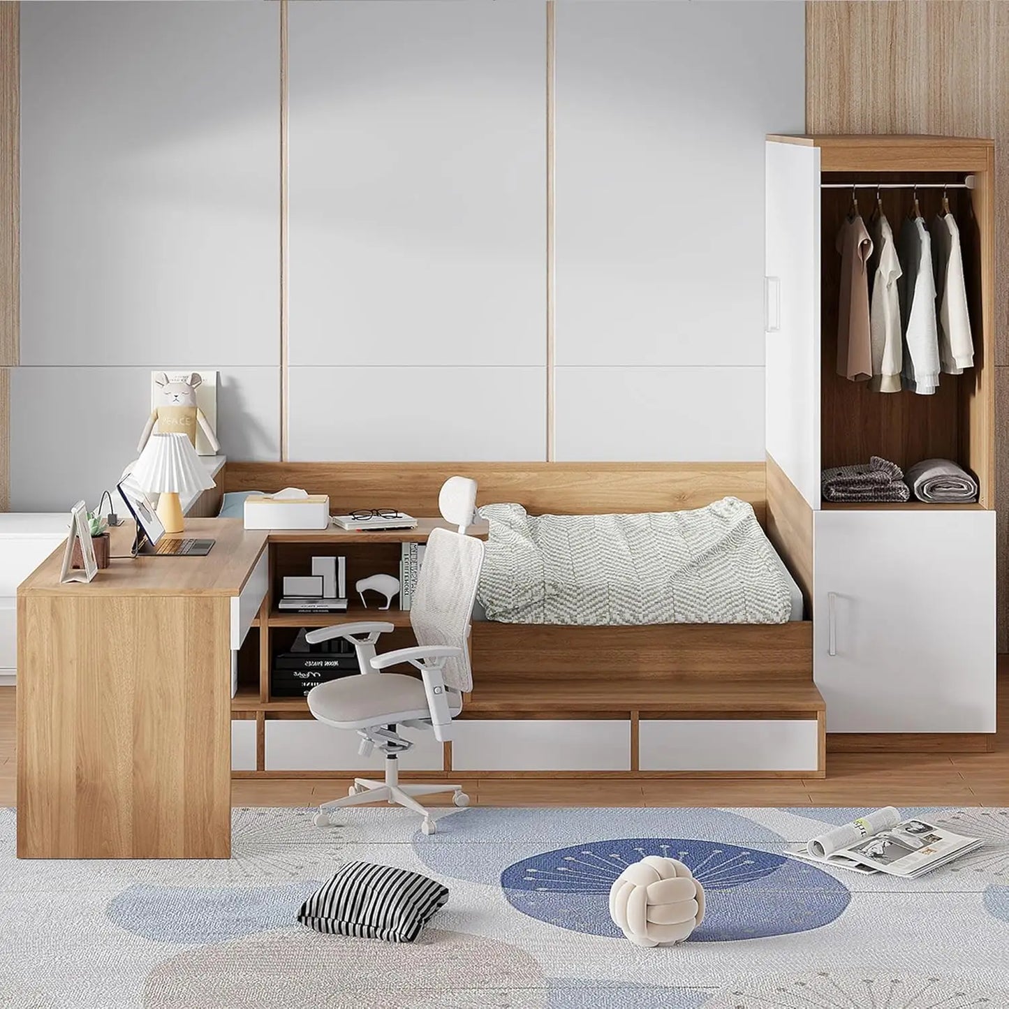 Daybed With Desk, Cabinet And USB Charging Storage