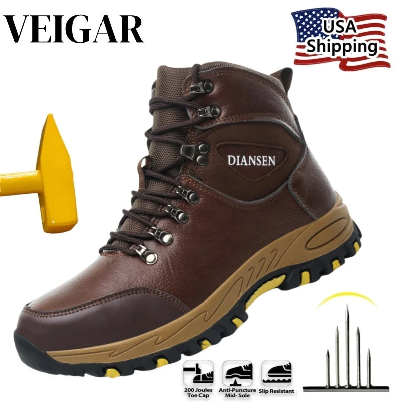 VEIGAR Waterproof Leather Safety Work Boots Anti Puncture Industrial Men