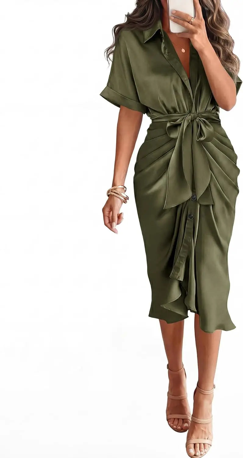 Elegant Women Summer Satin Midi Dress V Neck Short Sleeve