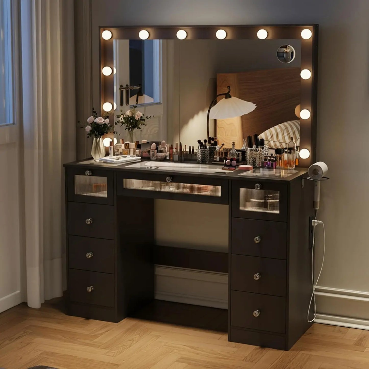 Makeup Vanity Desk With Lights And Large Mirror Glass Top With Charging Station