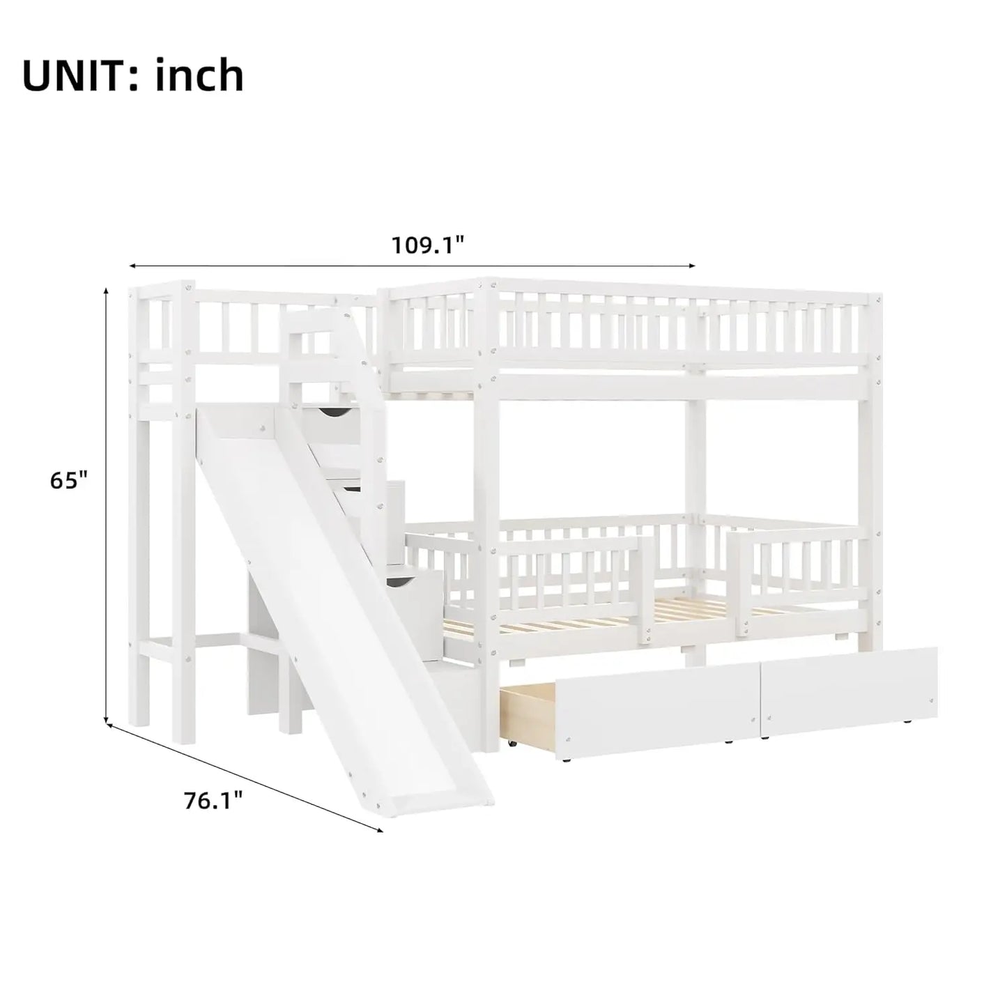 Twin Over Twin Bunk Bed With Slide Staircase And Storage
