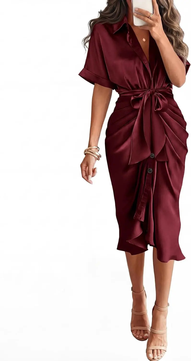 Elegant Women Summer Satin Midi Dress V Neck Short Sleeve