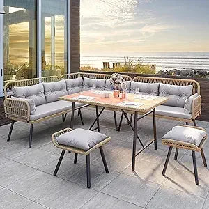 Patio Wicker L Shaped Outdoor Conversation Sofa Set With Cushions