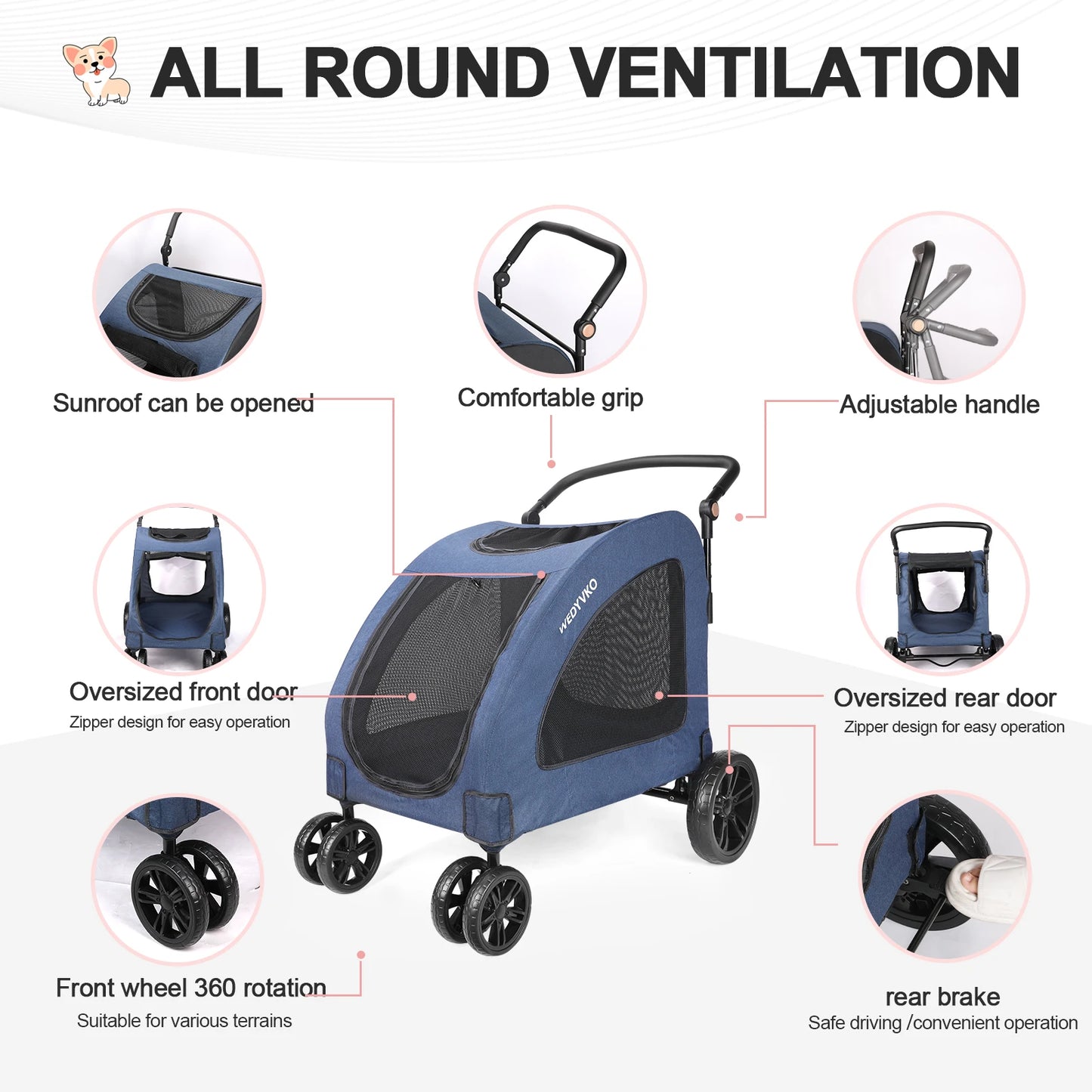 Heavy Duty Foldable Dog Stroller For Large Dogs With Ventilation