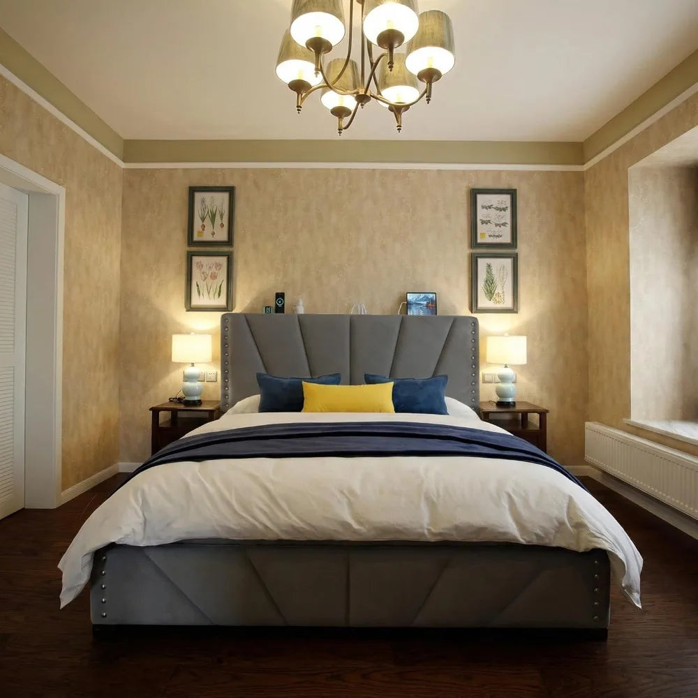 Queen Bed Frame With Headboard USB Charging LED Lights