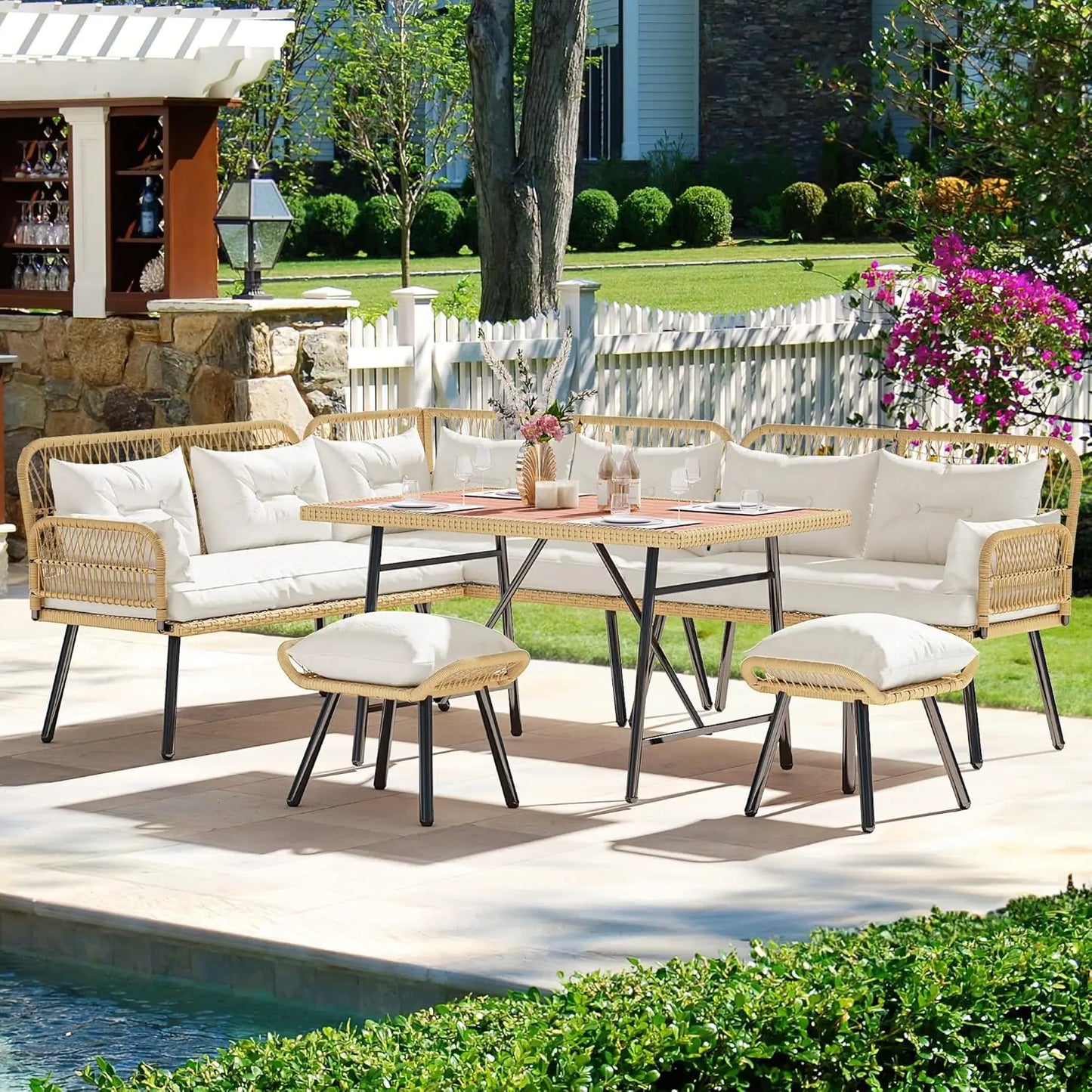 Patio Wicker L Shaped Outdoor Conversation Sofa Set With Cushions
