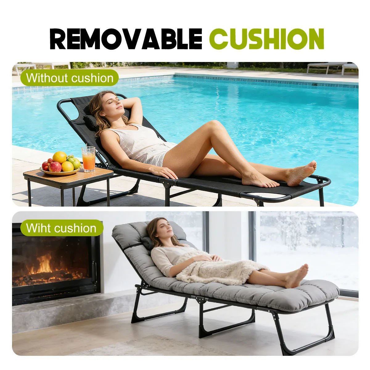 Adjustable Folding Reclining Outdoor Lounge Chair With Removable Cushion
