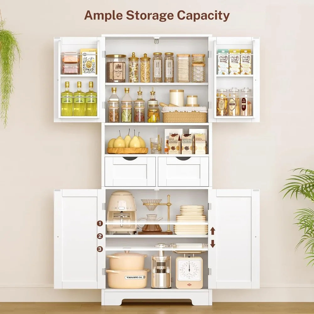 Kitchen Pantry Cabinet With Adjustable Shelves 2 Drawers And 4 Door Shelves