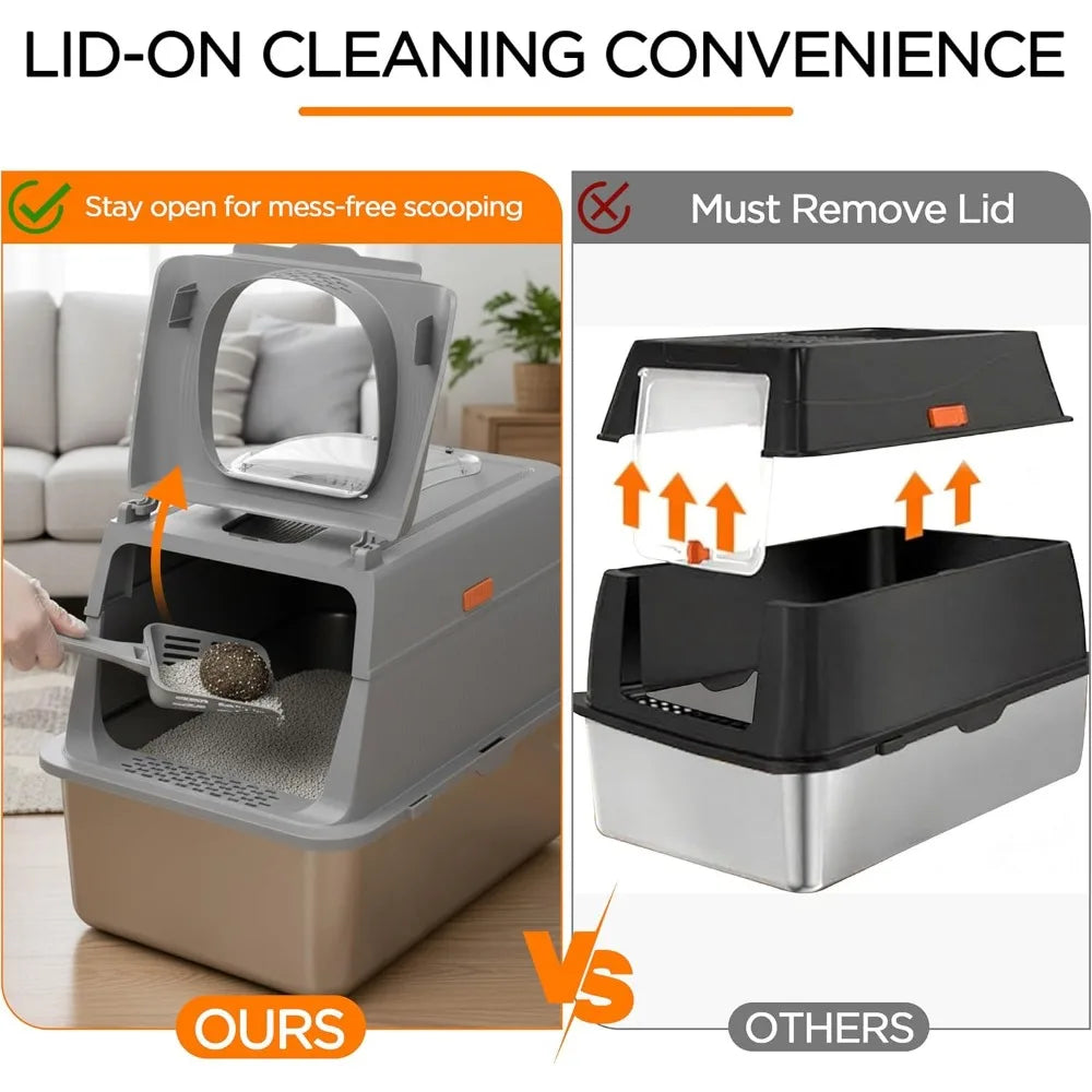 XIUWO Stainless Steel Enclosed Litter Box With Lid Scoop Mat