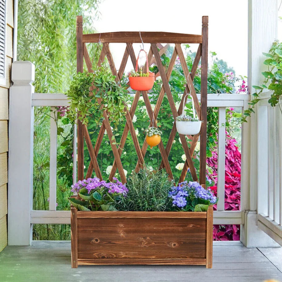 Elevated Wooden Garden Planter Box With Integrated Trellis