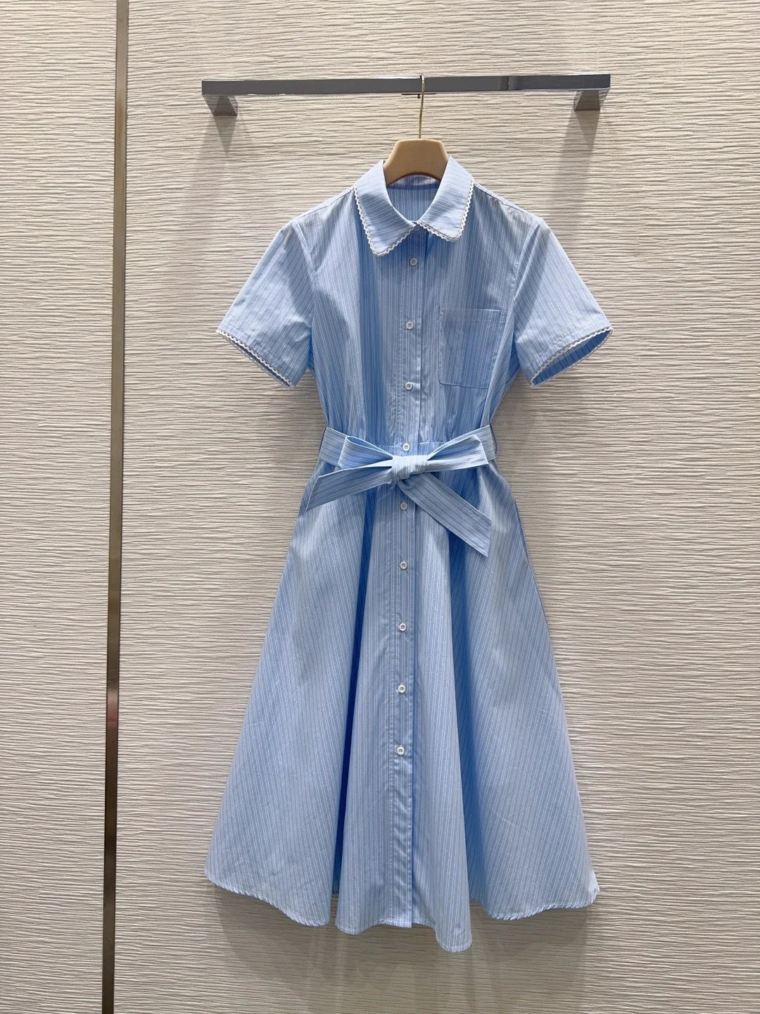 Women Elegant Cotton Short Sleeve Belted Button Lapel Collar Dress