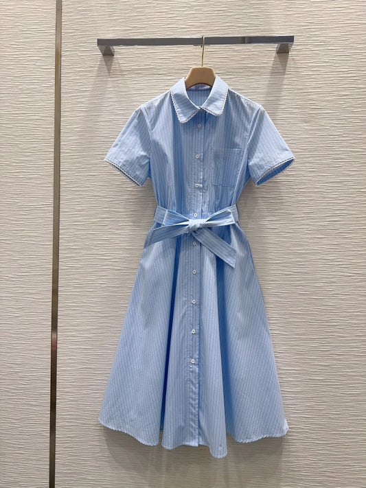 Women Elegant Cotton Short Sleeve Belted Button Lapel Collar Dress