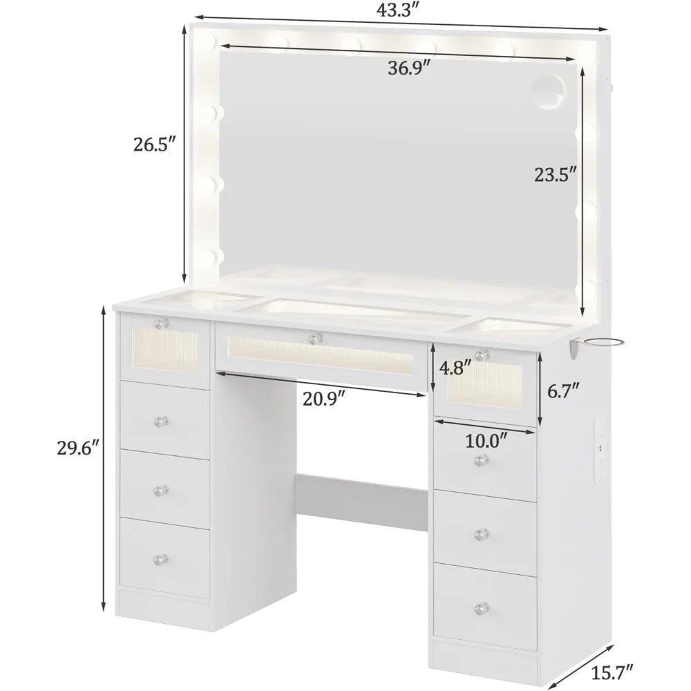 Makeup Vanity Desk With Lights And Large Mirror Glass Top With Charging Station