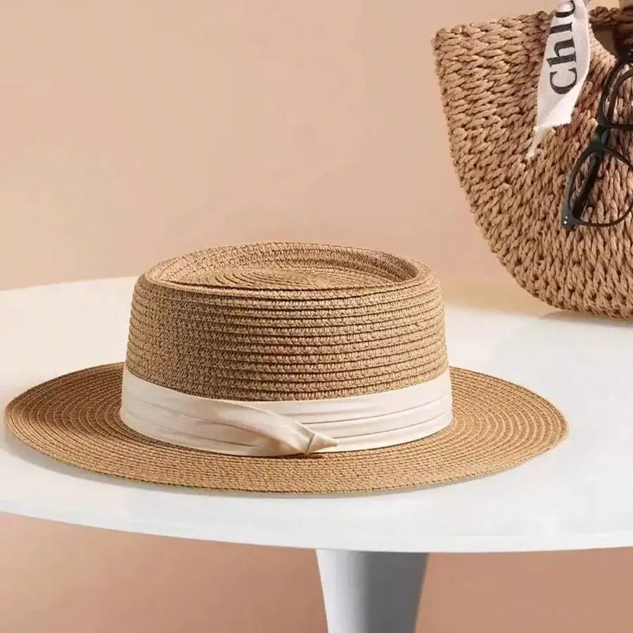 Women Straw French Chic Boater Sun Hat For Outdoor Summer