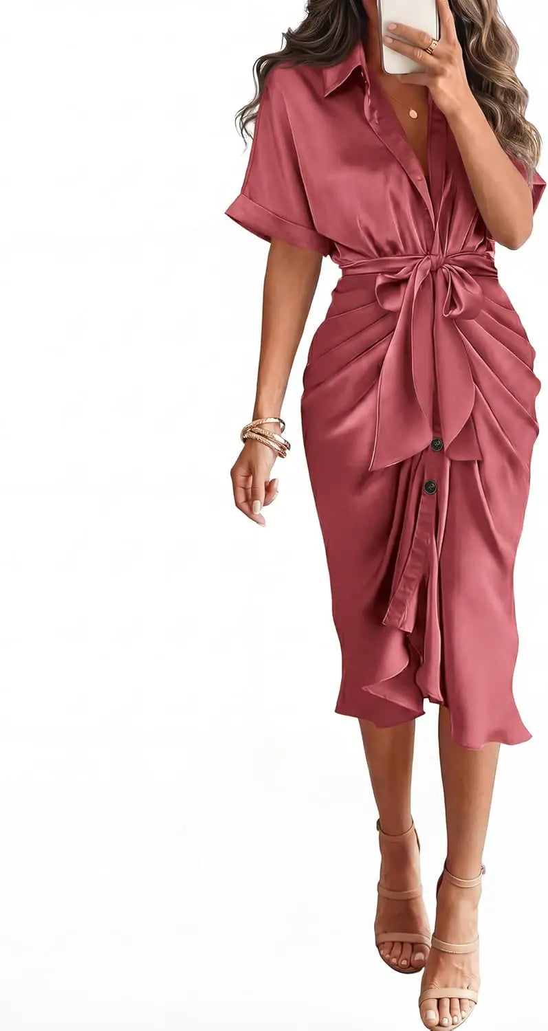 Elegant Women Summer Satin Midi Dress V Neck Short Sleeve