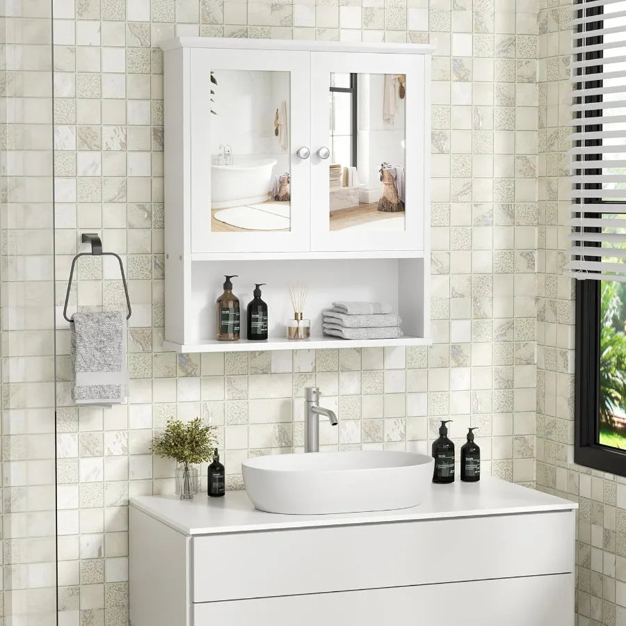 XIUWO Wall Mount Wood Medicine Cabinet With Adjustable Shelf Mirror