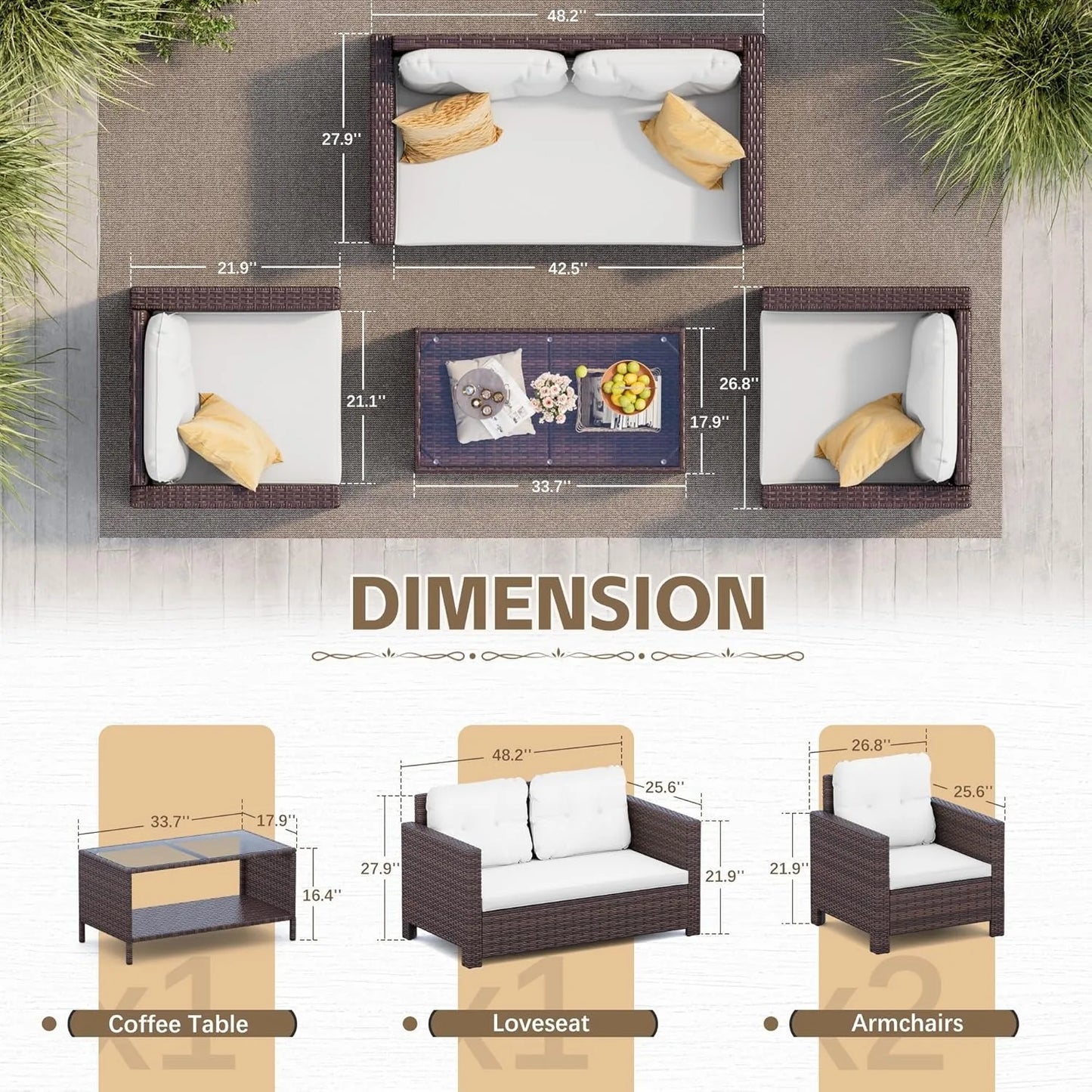 XIUWO 4-Piece Rattan Sofa Set For Outdoor Patio Conversation