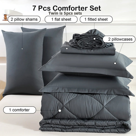EasYum 7 Piece Bedding Set Comforter Flat Fitted Sheets Pillowcases