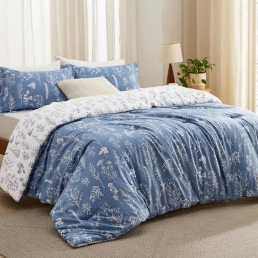 3 Piece Floral Comforter Set With Reversible Botanical Pillow Shams