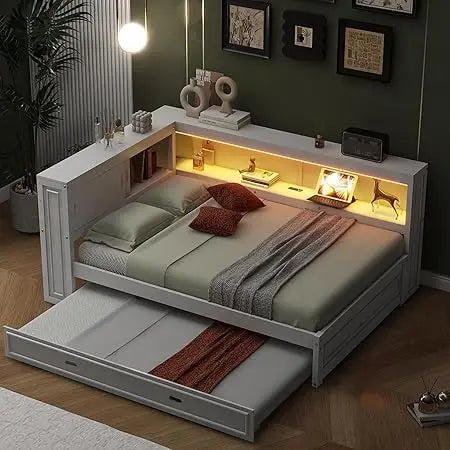 Daybed With Trundle And Storage Bookcase Led Lights Usb Ports