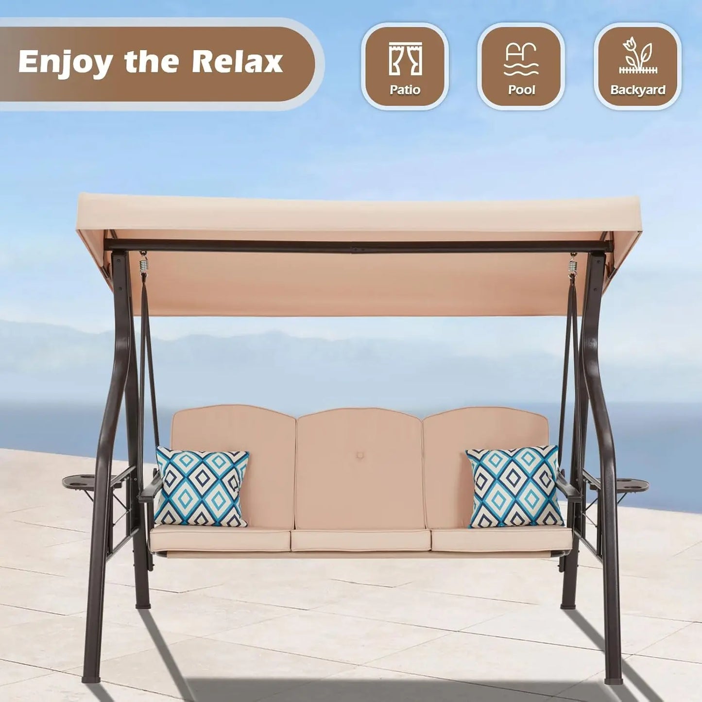 Three Seat Outdoor Patio Swing Bed Chair With Stand