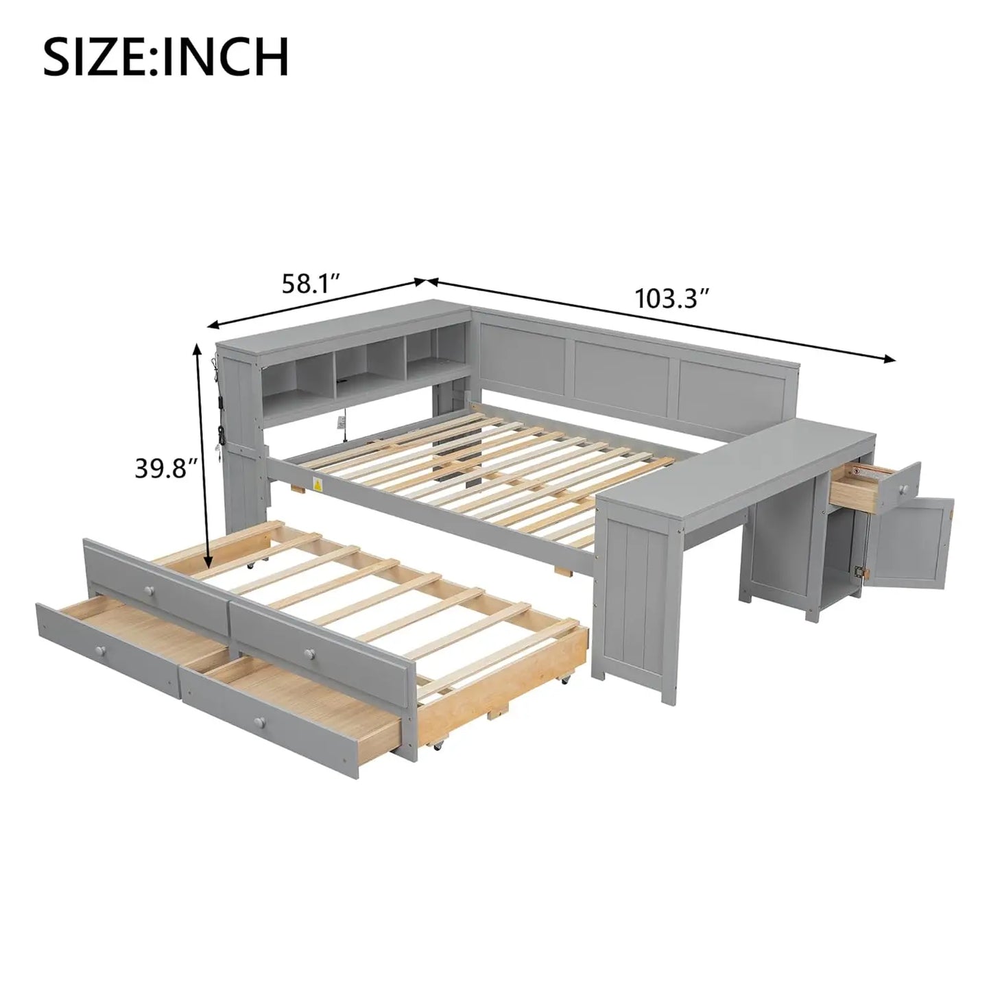 Daybed With Desk, Cabinet And USB Charging Storage