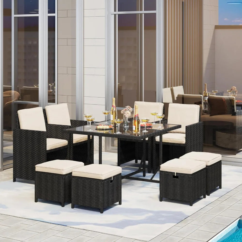 Outdoor Wicker Patio Dining Set With Glass Table And Ottomans