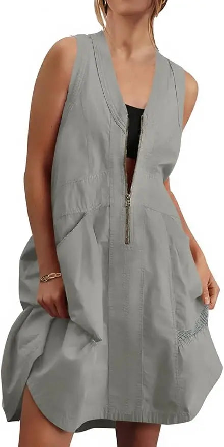 Fisoew Women Sleeveless V Neck Summer Dress With Convenient Pockets