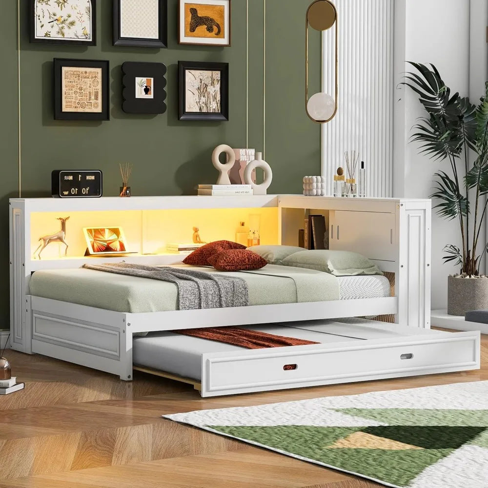 Daybed With Trundle And Storage Bookcase Led Lights Usb Ports