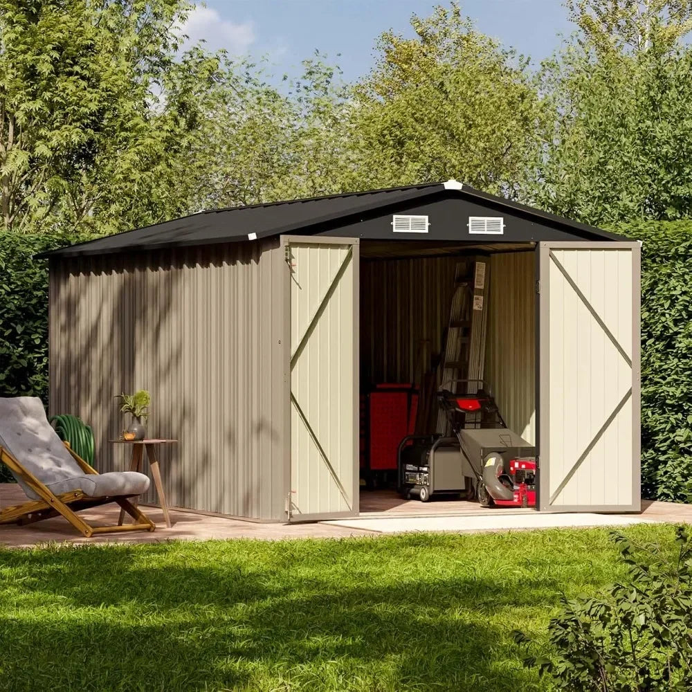 Outdoor Metal Storage Shed With Lockable Doors And Tool Storage