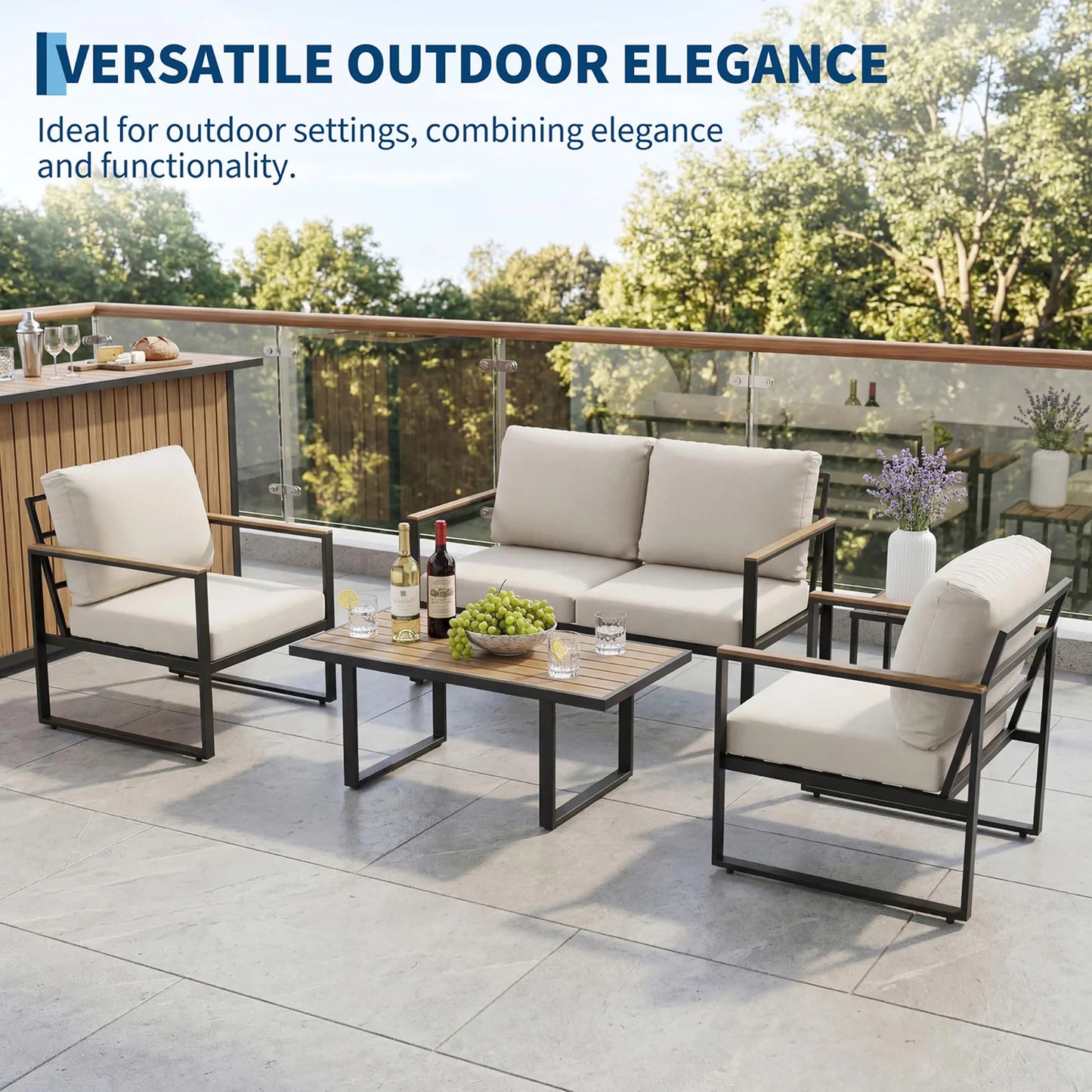 HobbyLane Modern 4-Piece Outdoor Patio Sectional Set With Coffee Table