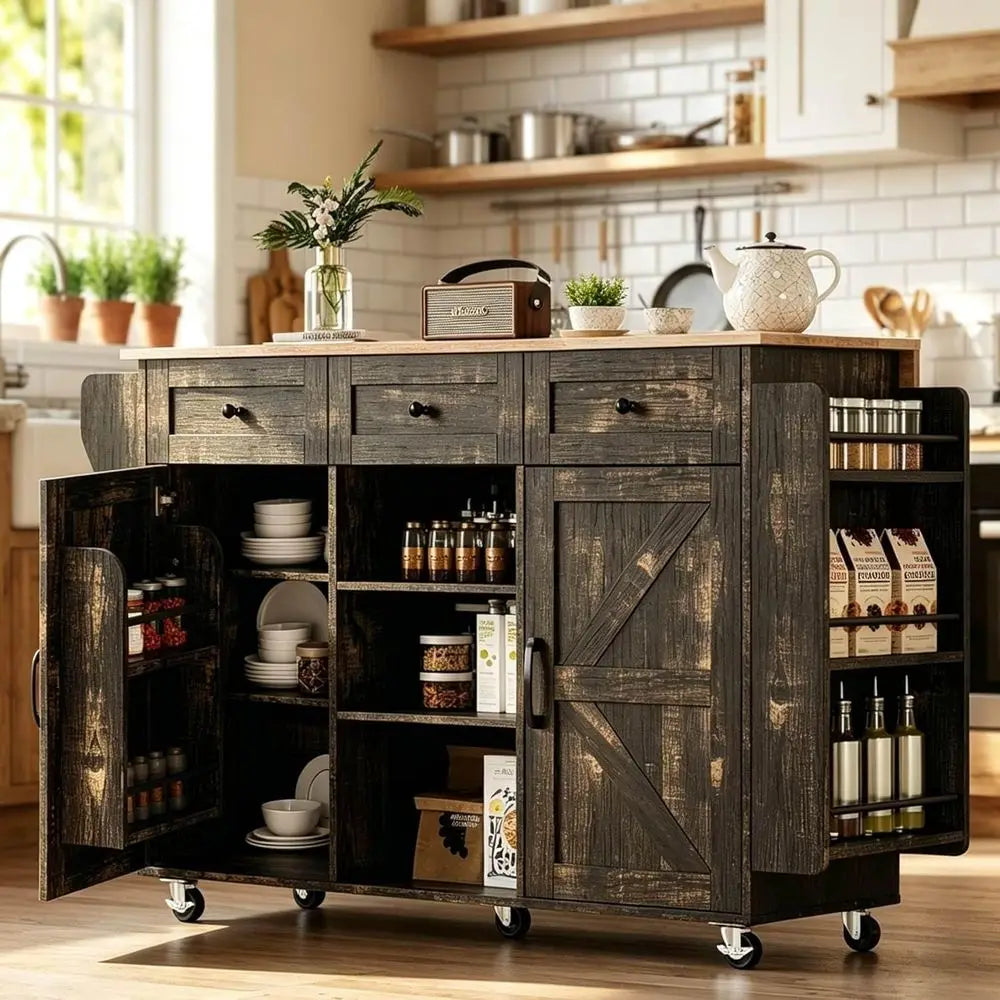 Rolling Kitchen Island Cart 3 Drawers Shelves Drop Leaf Towel And Spice Racks