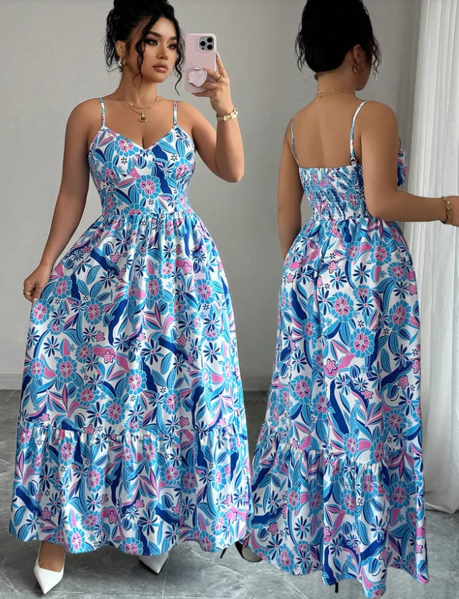 Womens Elegant Floral Camisole Dress Sleeveless Loose Fit Polyester Style