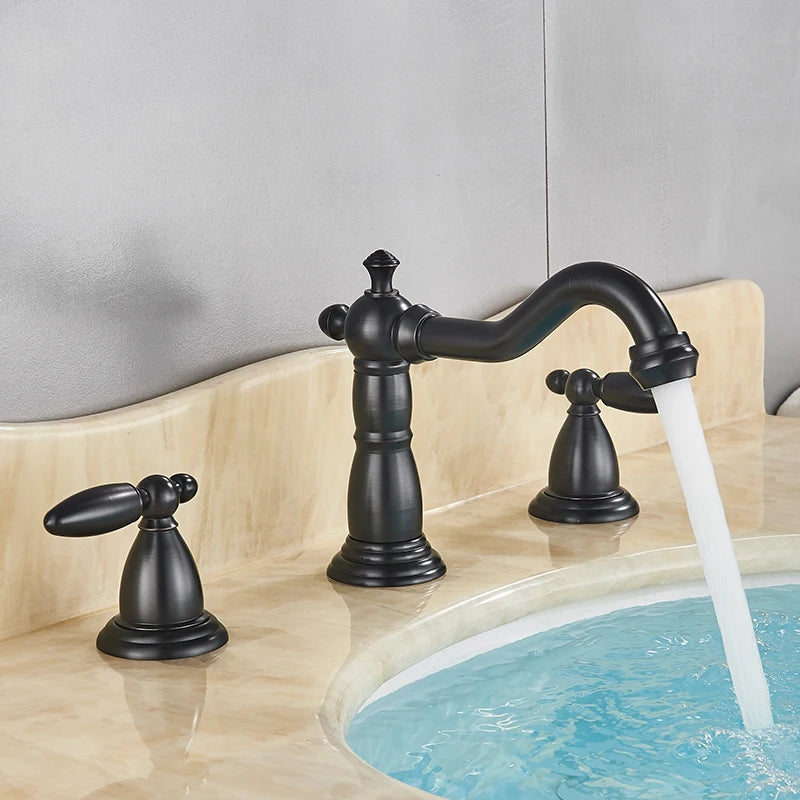 Saeuwtowy Antique Brass Bathroom Faucet Three Hole Deck Mount