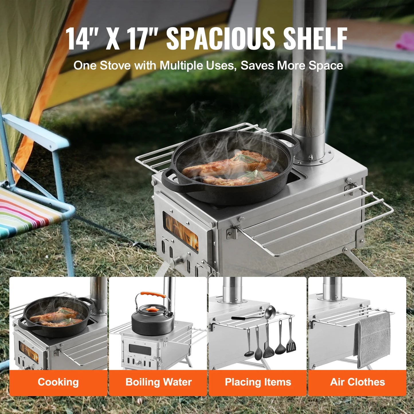 SucceBuy Stainless Steel Portable Camping Wood Stove With Chimney Pipes
