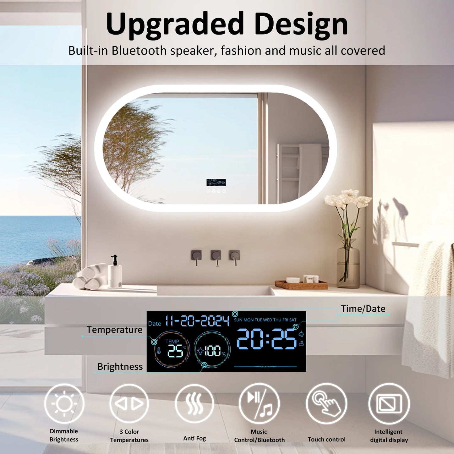 Wisfor Oval LED Bathroom Mirror With Anti-Fog Bluetooth Speaker